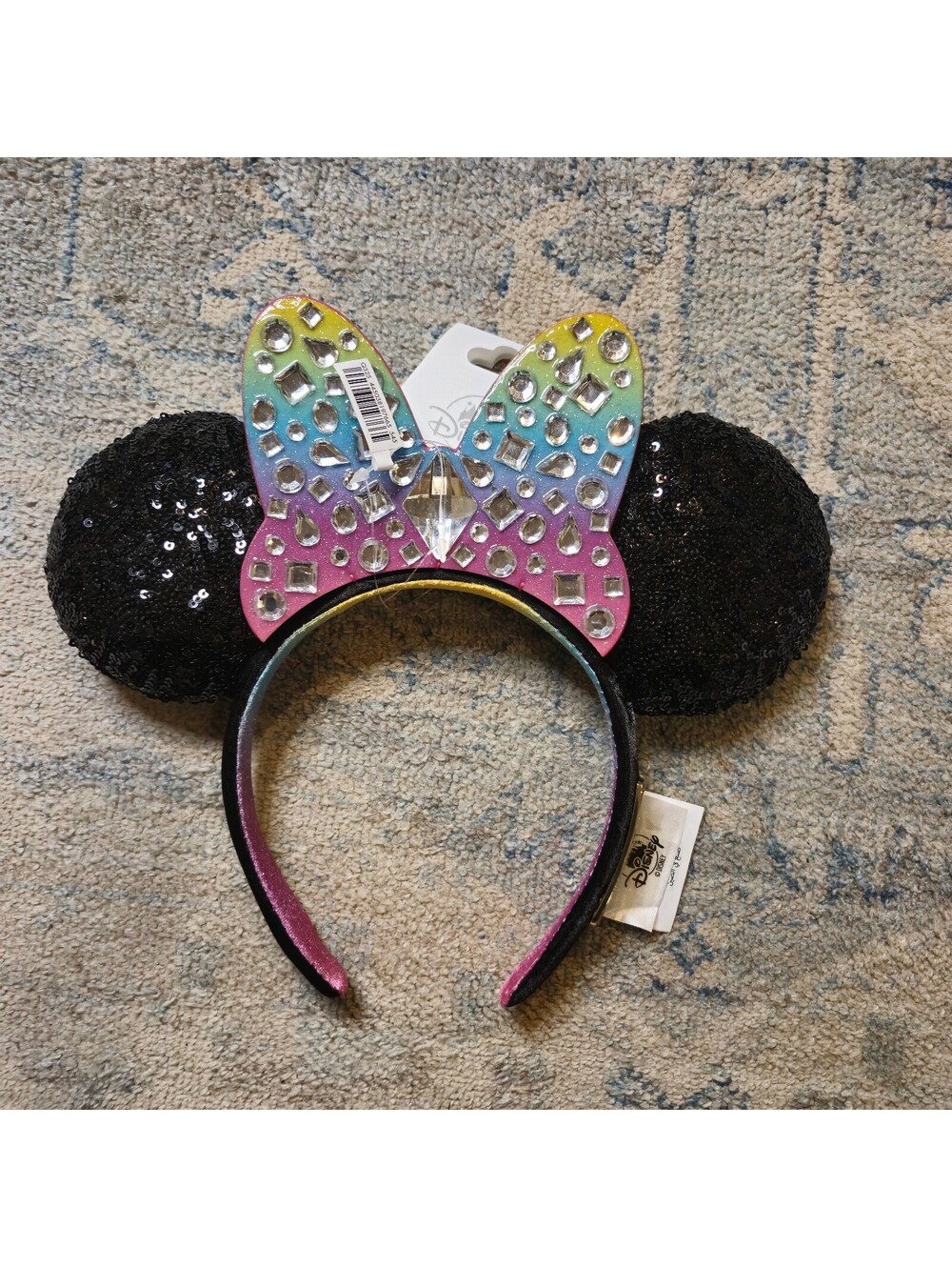 Disney Parks Disneyland 70th Minnie Mouse Ear Black Sequin Rainbow Gem Bow
